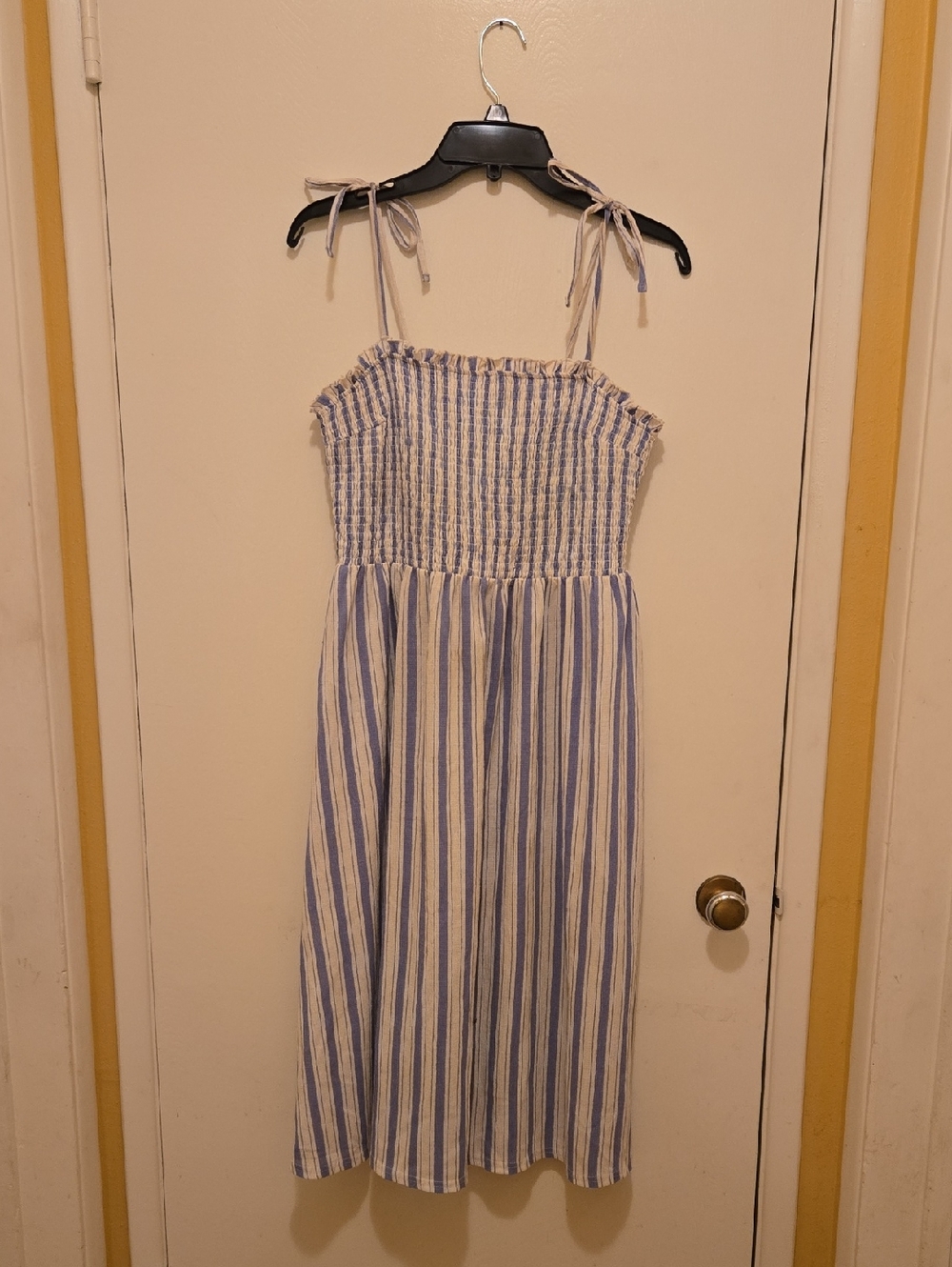 H&M Blue and White Striped Smocked Tie-Shoulder Midi Dress